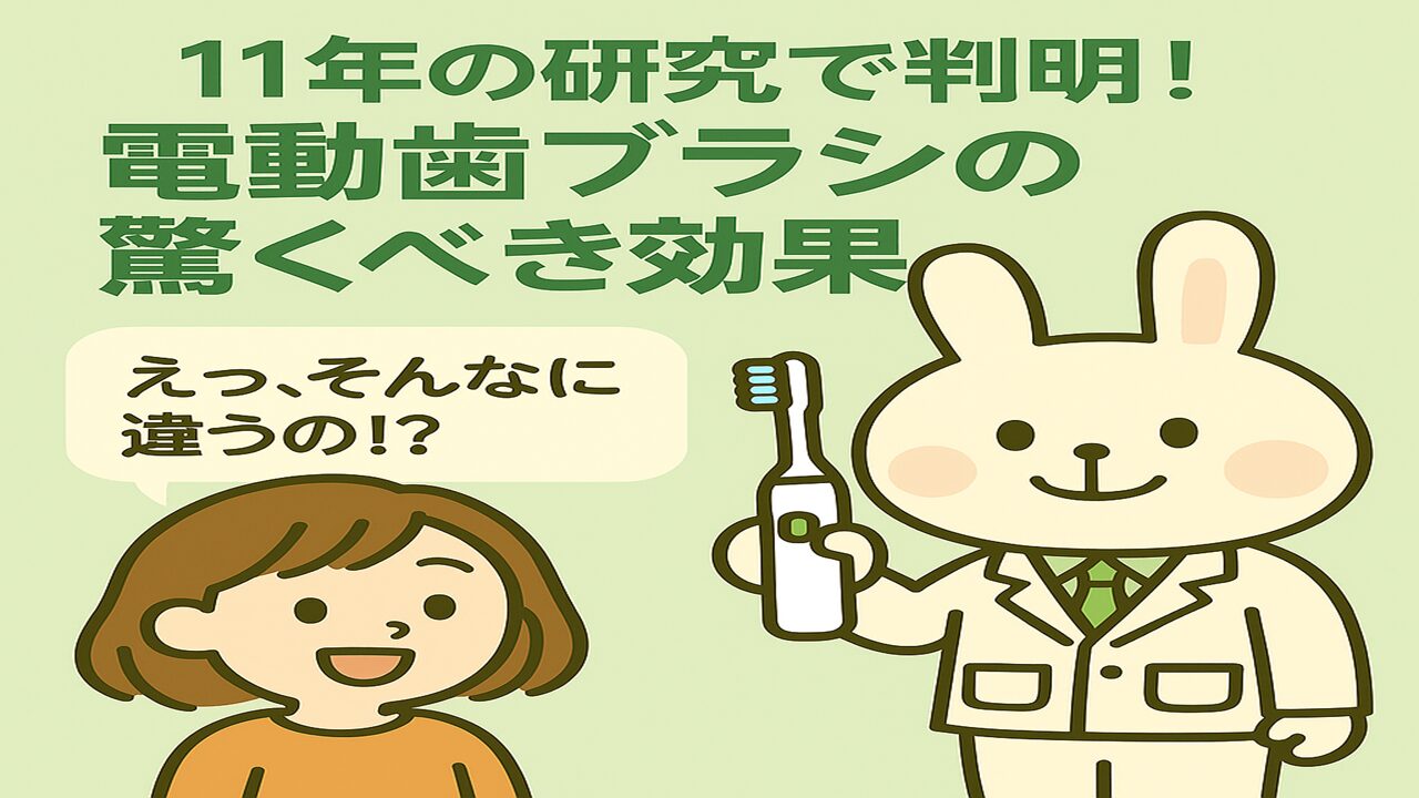 電動歯ブラシを手に持った白衣姿のうさぎキャラクター「みどりん」と、驚いた表情の女の子キャラクター「すずちゃん」のイラスト。背景は明るいグリーンで清潔感があり、「えっ、そんなに違うの!?」という吹き出し付き